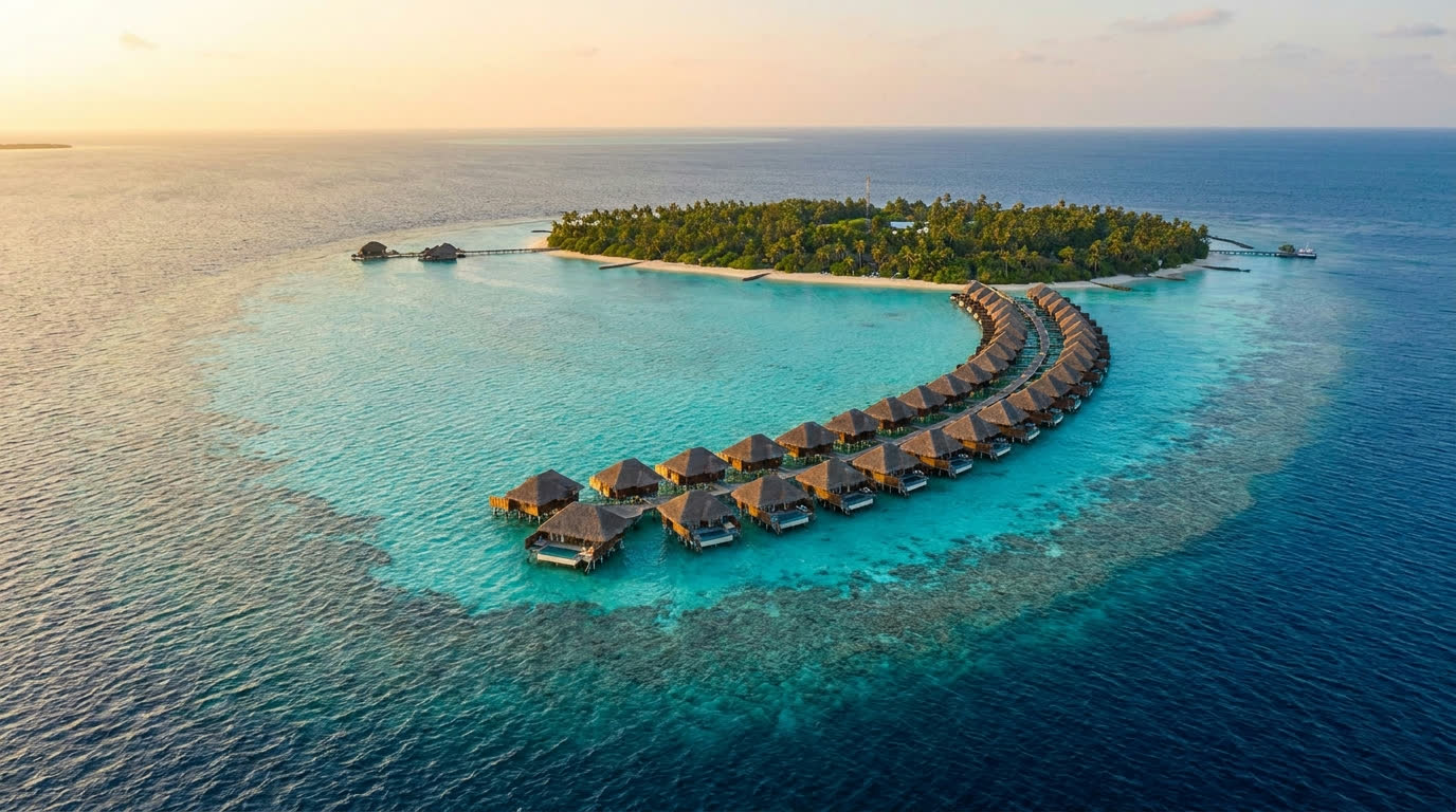 Aerial view of a Maldivian atoll with overwater villas curving from a palm island into a turquoise lagoon