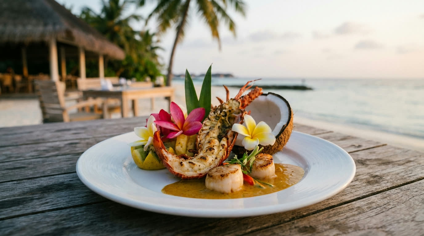 Refined Maldivian seafood course with coconut elements on white ceramic