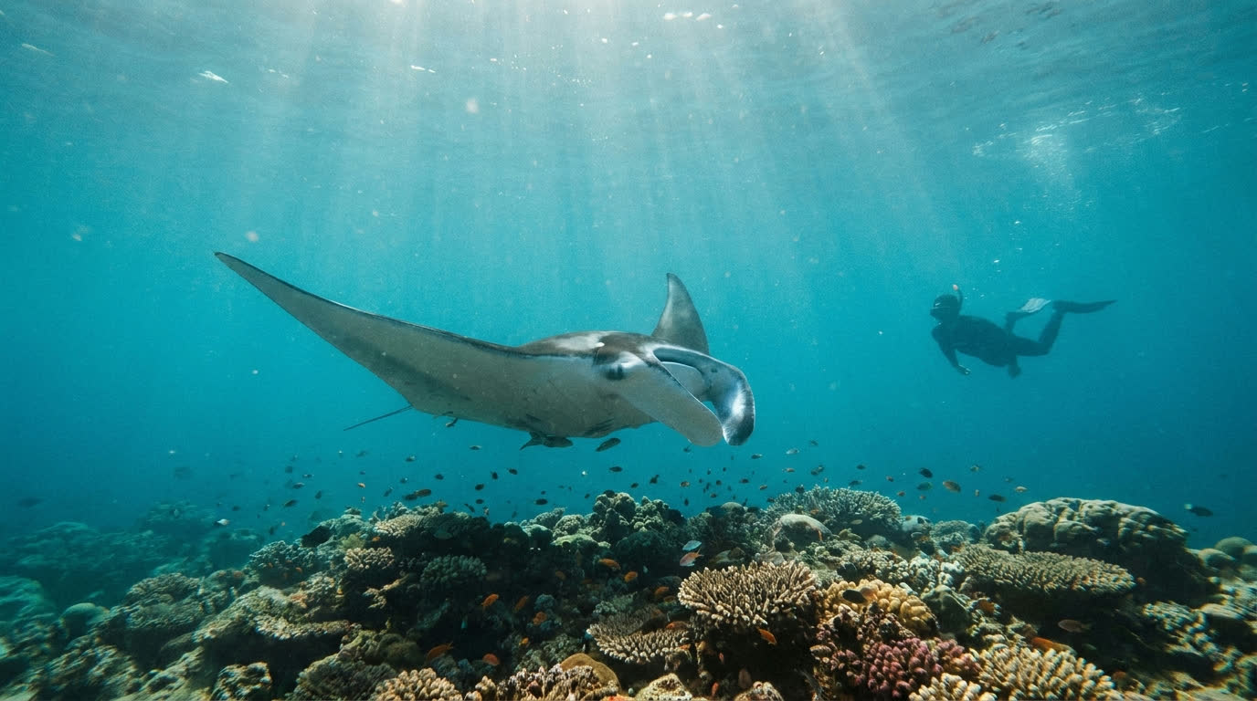 Manta ray gliding over a coral reef in clear Maldivian water
