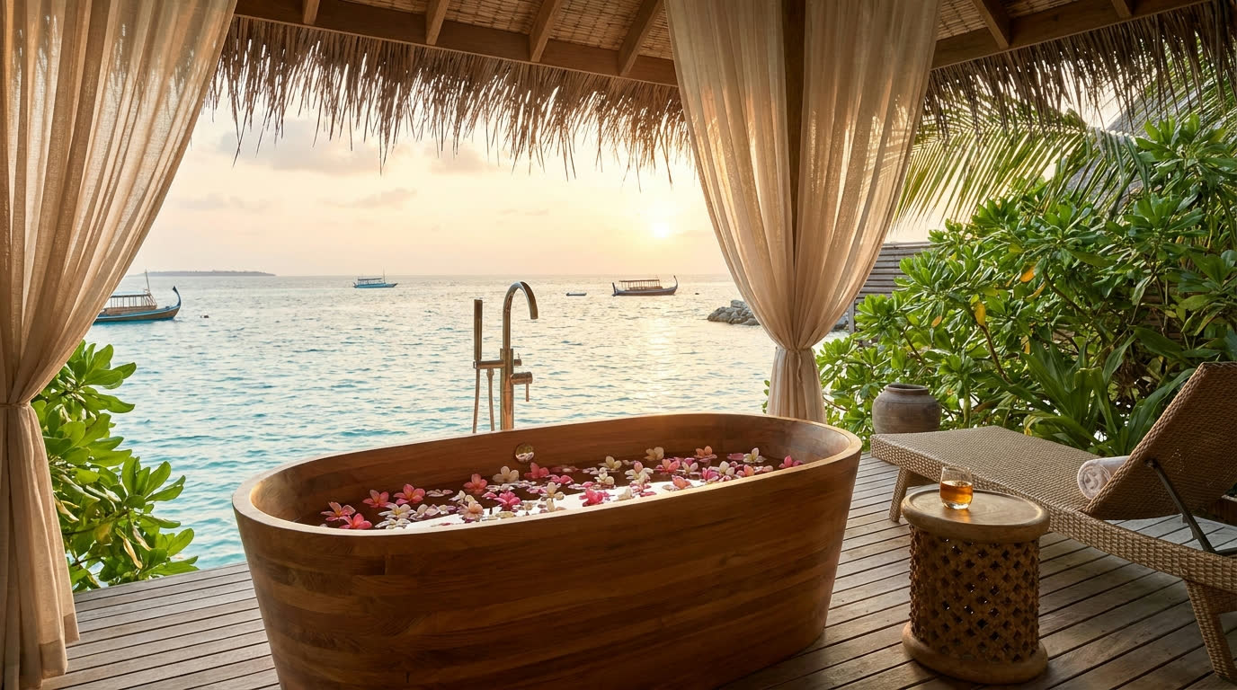 Outdoor bathtub with petals on a private overwater spa deck facing the sunset