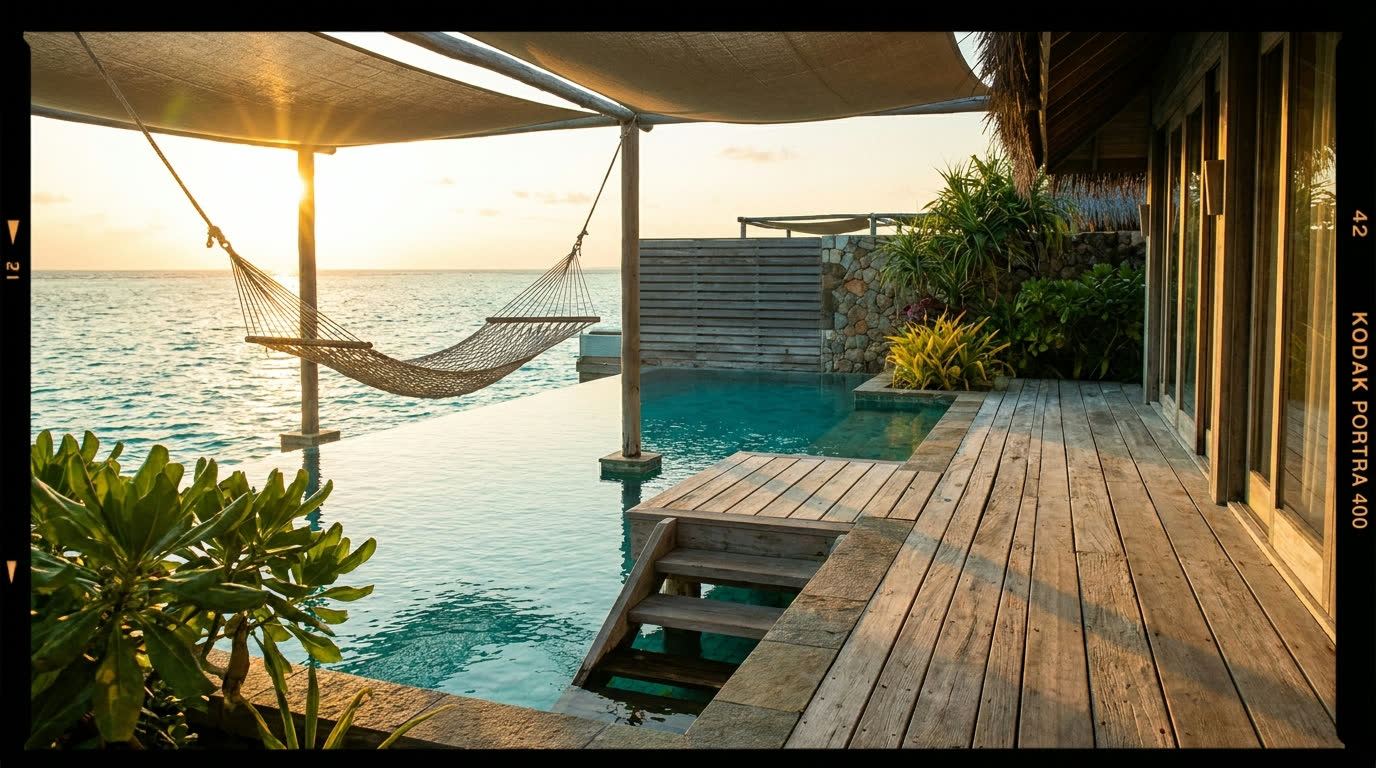 Overwater villa deck with private infinity pool and steps into a clear Maldivian lagoon