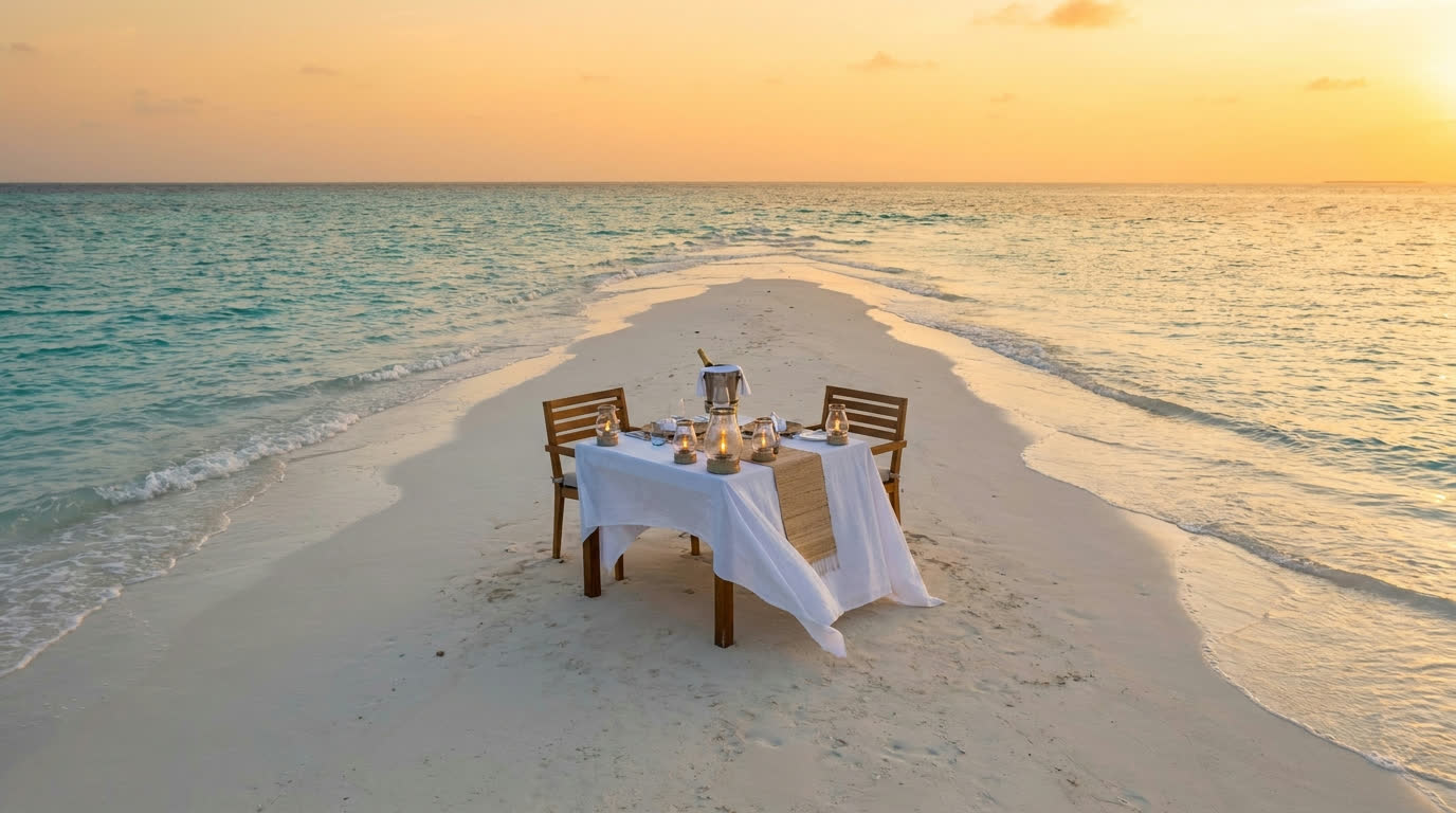 Single dinner table with lanterns on an empty Maldivian sandbank at sunset