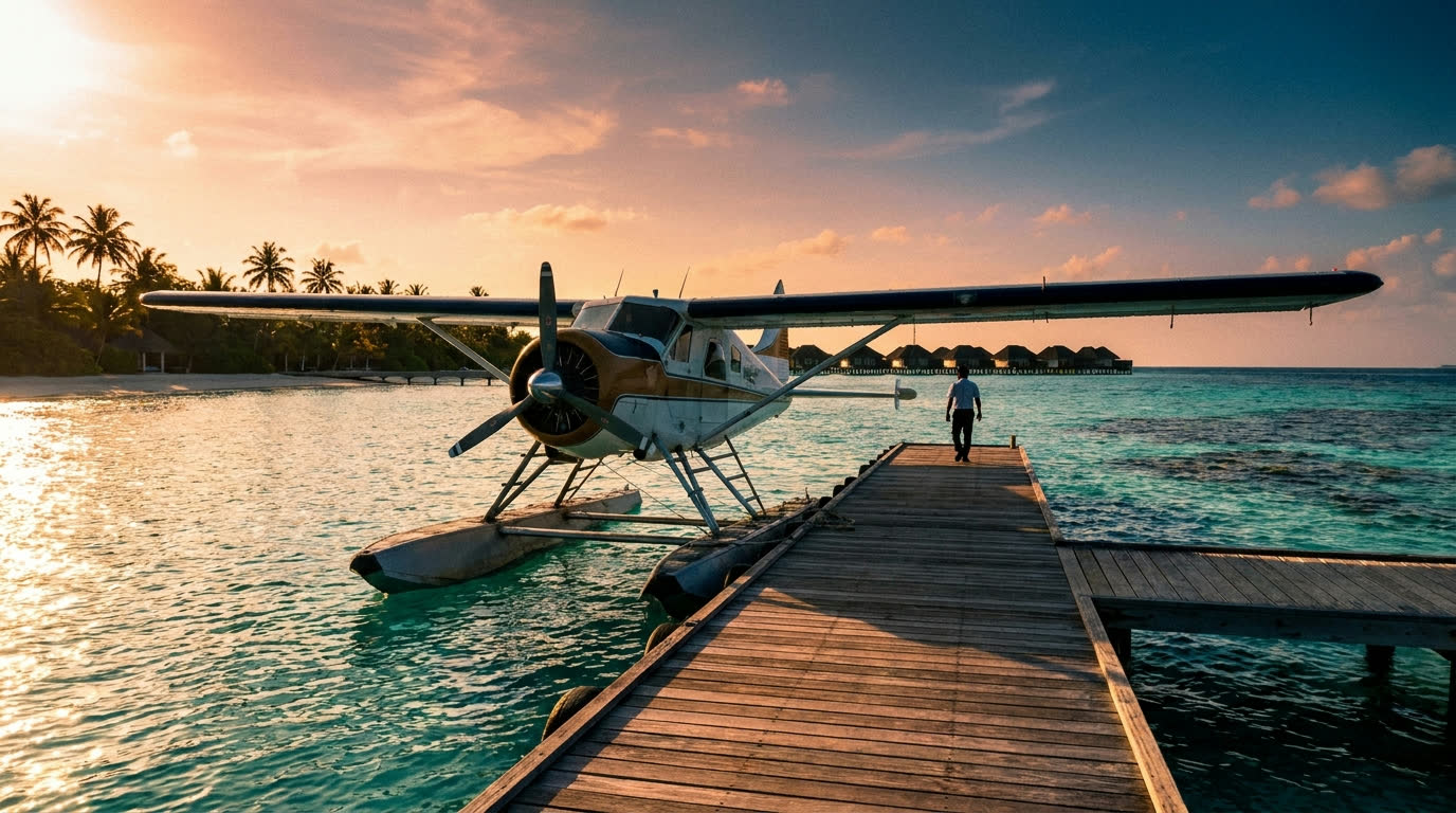 Seaplane docked at a wooden jetty in a turquoise Maldivian lagoon