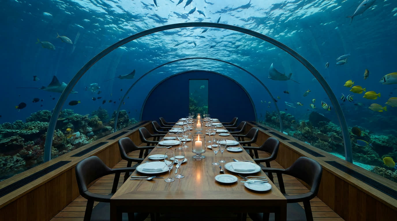 Glass-walled underwater restaurant with reef fish visible around the dining table