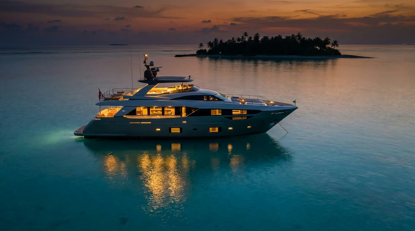 Luxury yacht anchored in a glassy Maldivian lagoon at dusk