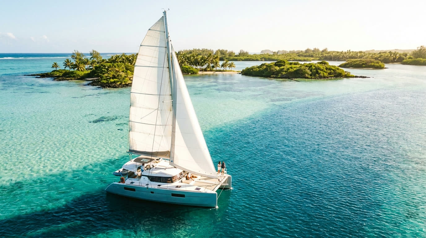 Catamaran sailing the turquoise shallows off Ile aux Cerfs, Mauritius