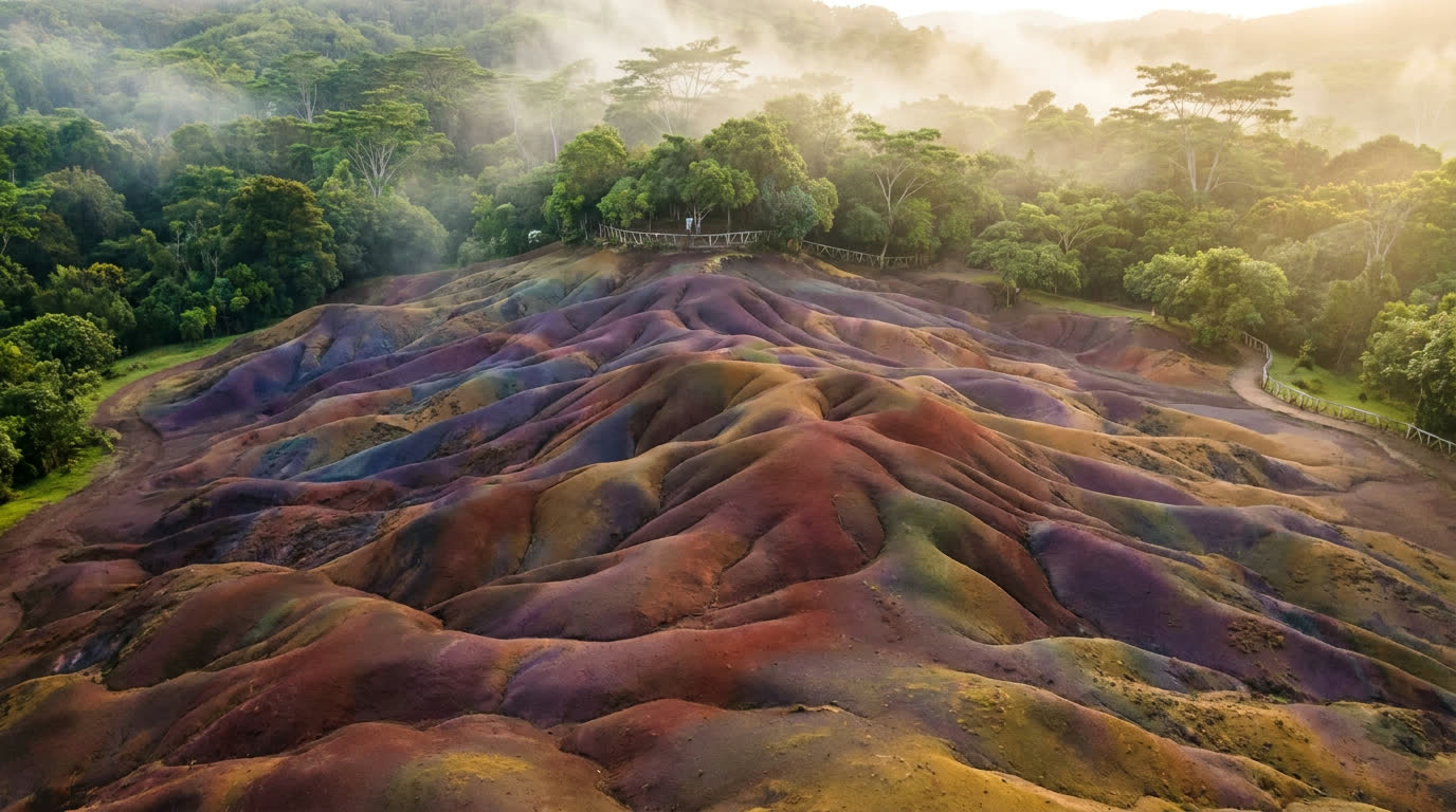 The Seven Coloured Earths dunes at Chamarel, Mauritius, ringed by forest