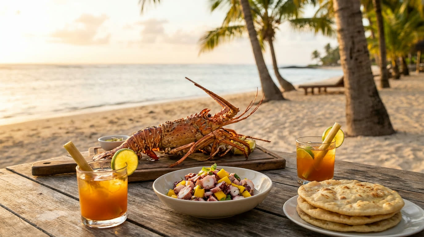 Creole seafood spread with grilled lobster, octopus salad and rum cocktails on a beachfront table, Mauritius