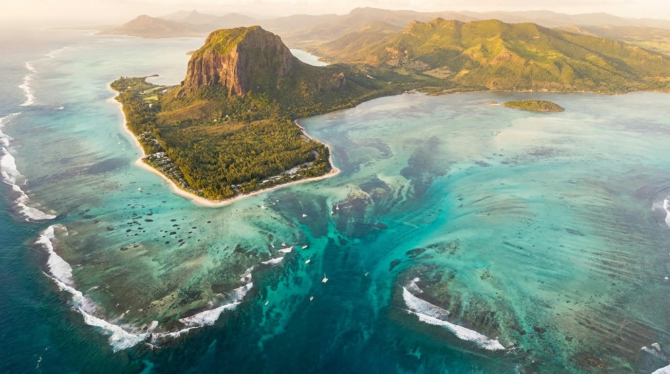 Aerial view of Le Morne Brabant peninsula and turquoise lagoon, Mauritius
