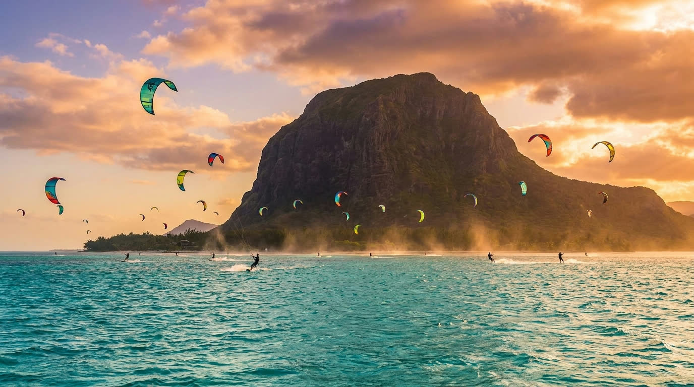 Kitesurfers on the turquoise lagoon beneath Le Morne Brabant mountain, Mauritius