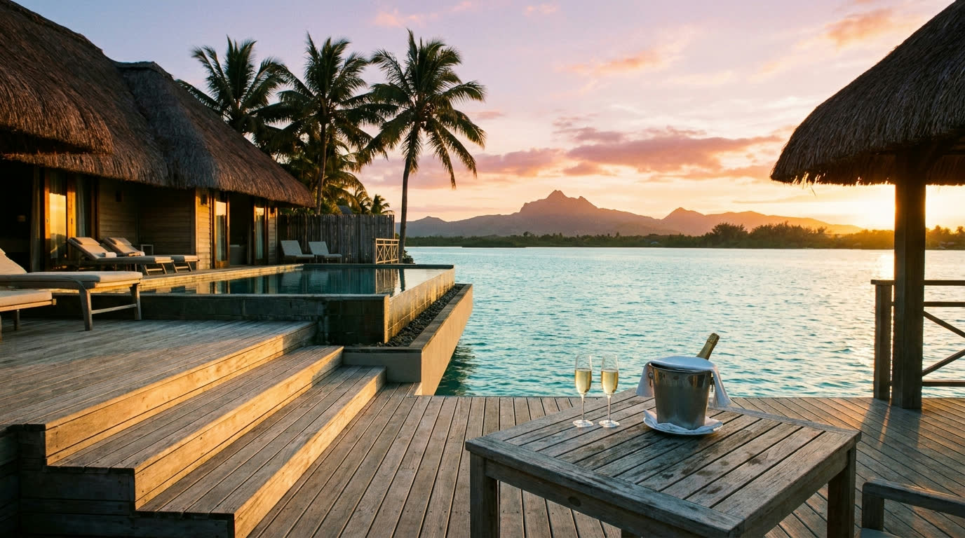 Overwater villa deck with steps into a calm lagoon at sunset, Mauritius