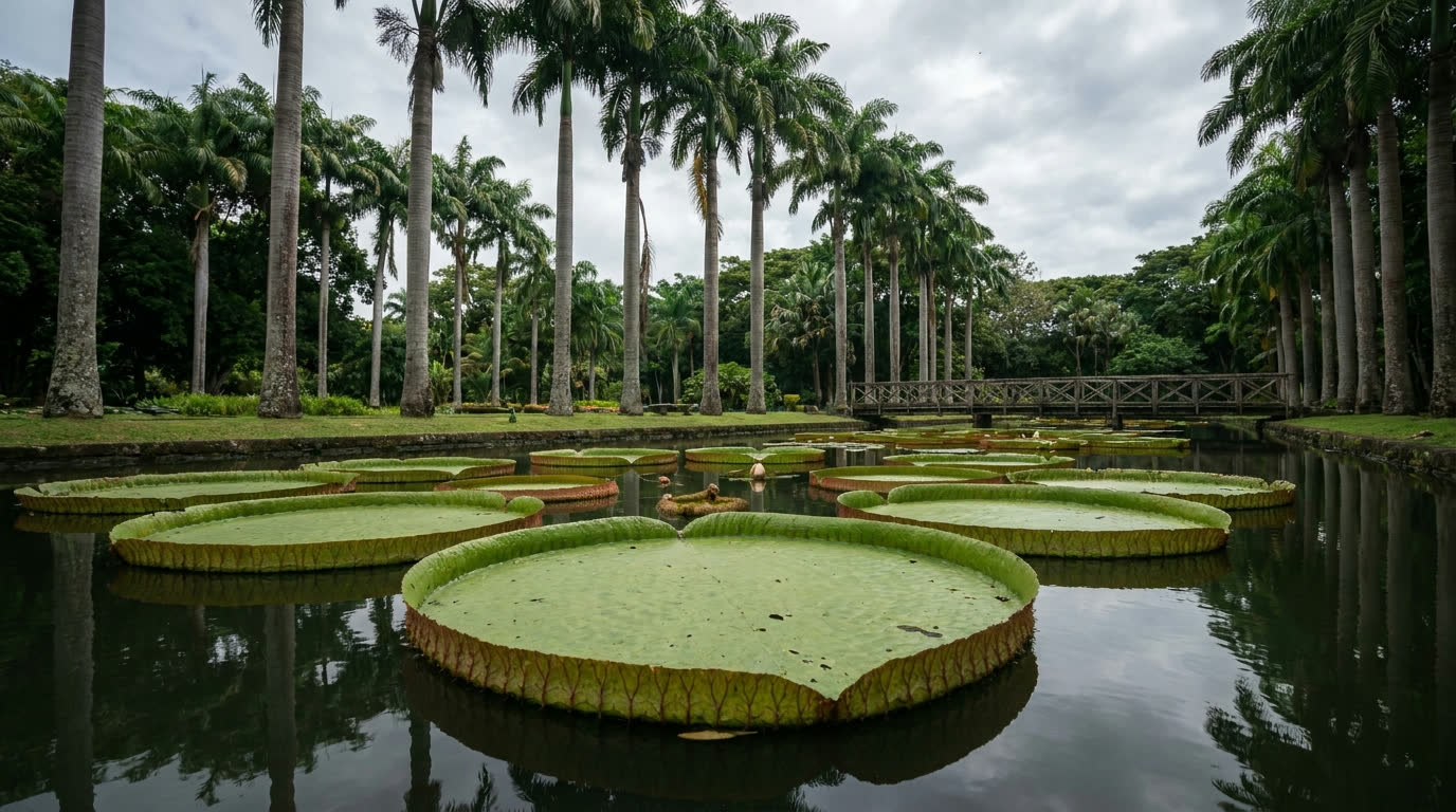 Giant water lily pads on the pond at Pamplemousses botanical garden, Mauritius