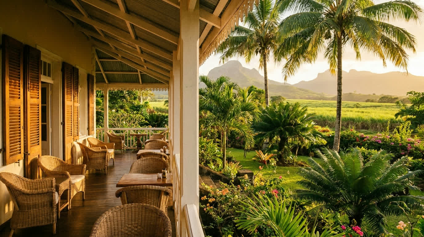 Colonial-era plantation house restaurant with veranda and cane fields, Mauritius