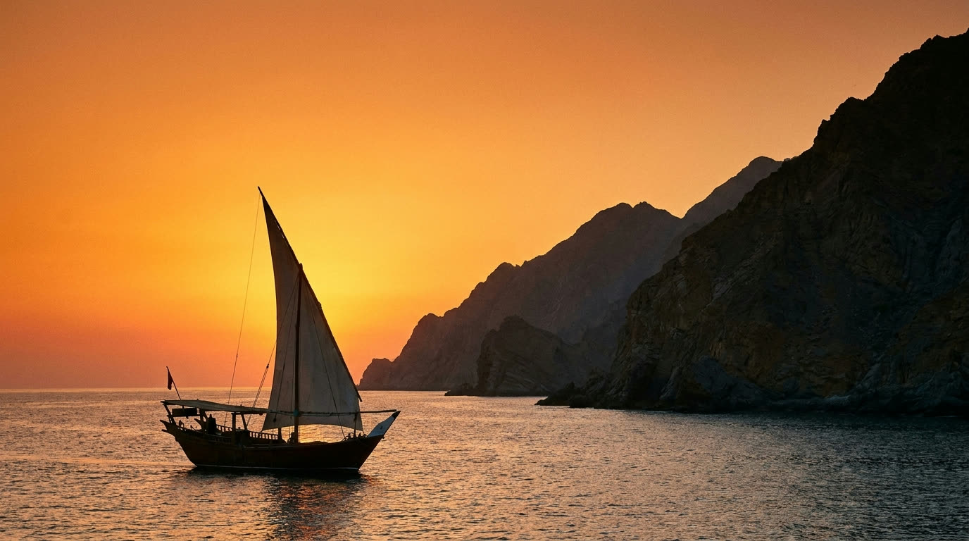 A traditional wooden Omani dhow under sail at sunset off the mountainous Muscat coast