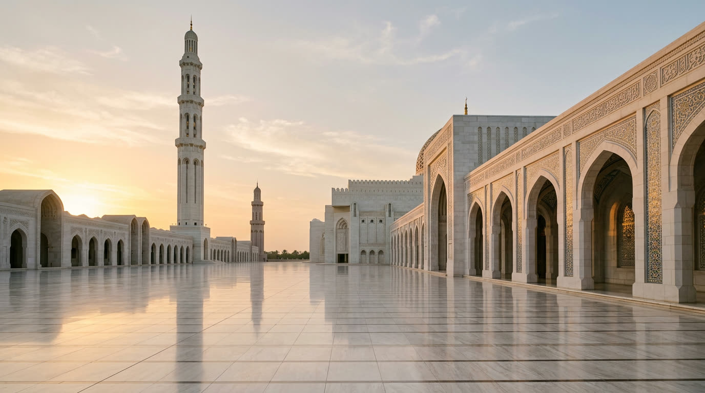 The white marble courtyard and minaret of the Sultan Qaboos Grand Mosque in early light