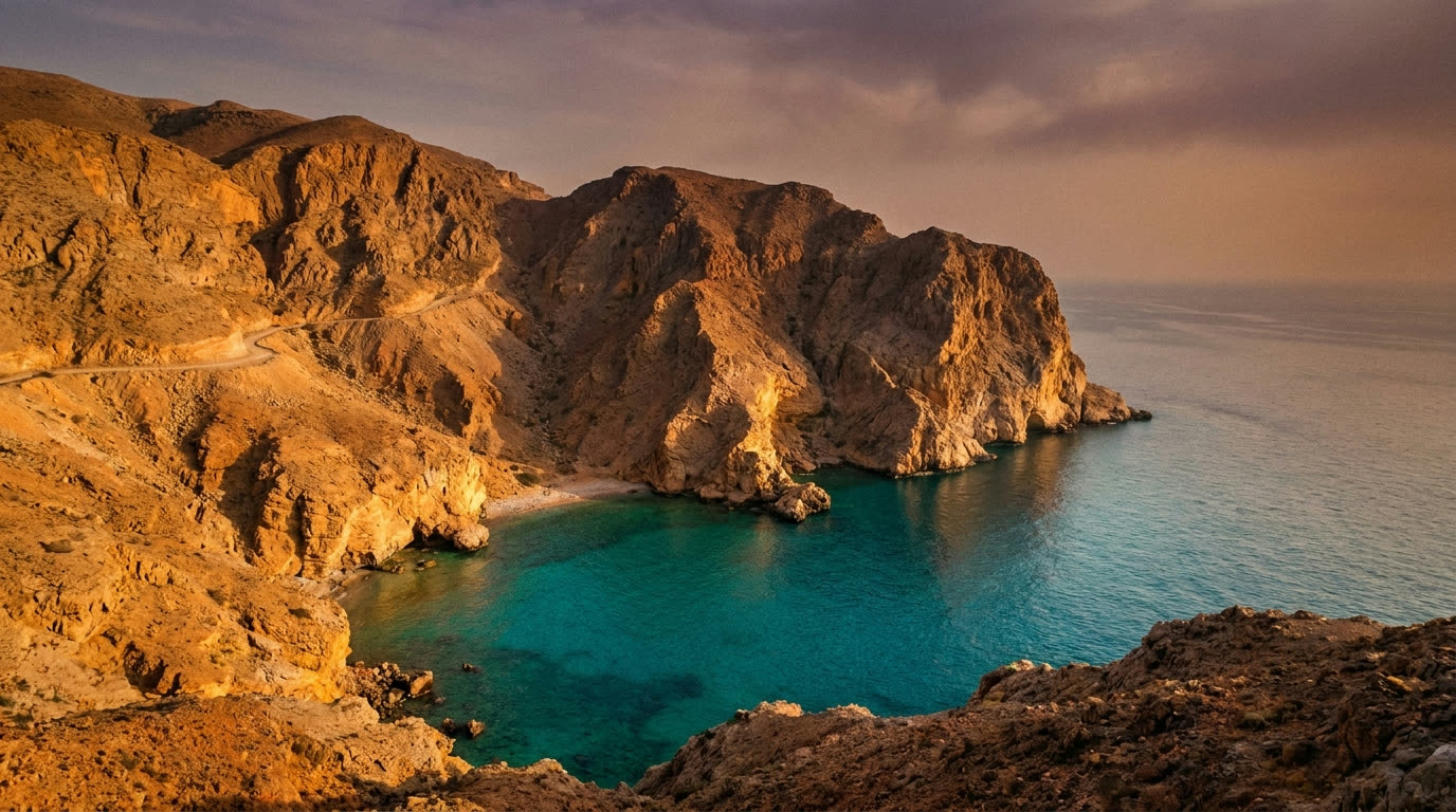 Rocky Hajar mountain cliffs plunging into clear teal water at a secluded bay near Muscat