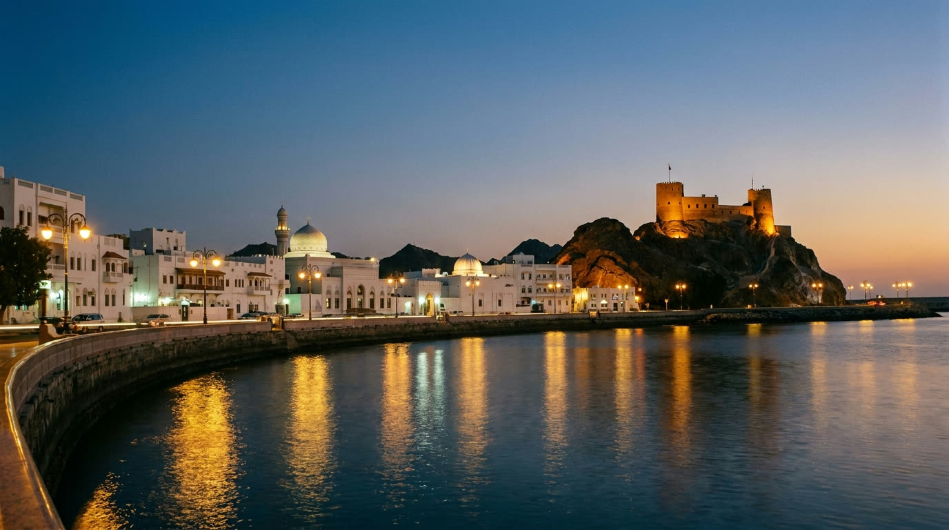 Mutrah corniche in Muscat at dusk, white buildings and mosque domes along the curved harbour below a hilltop fort