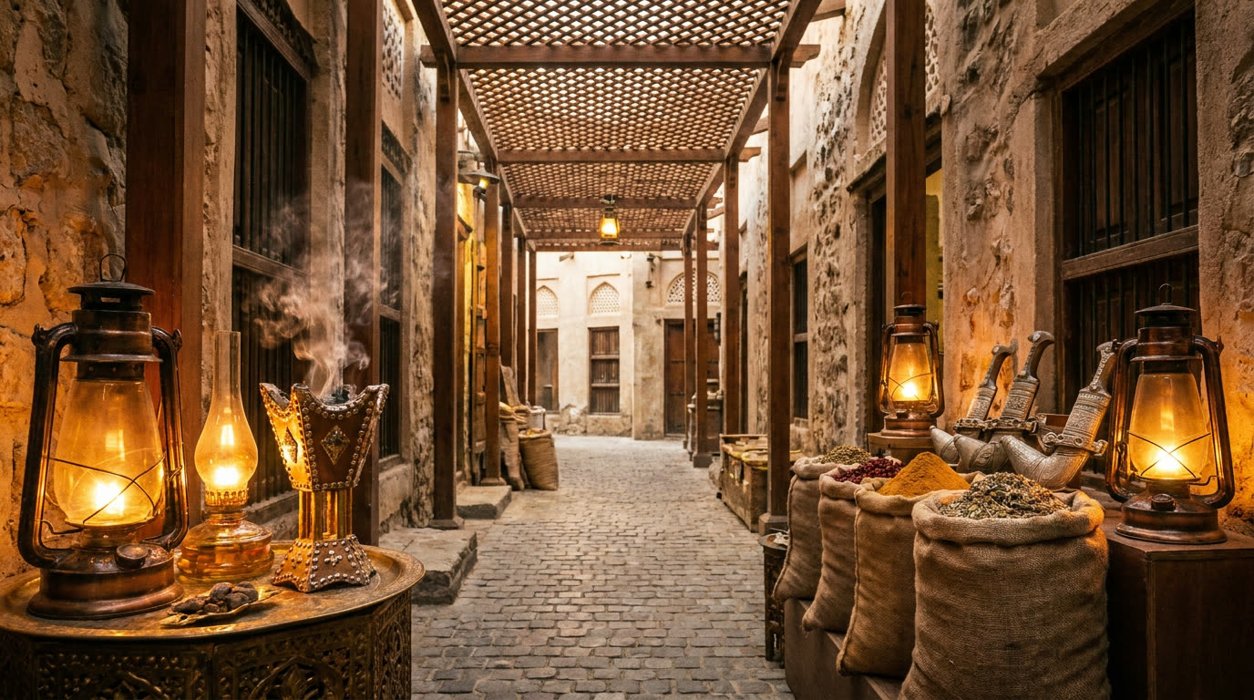 Frankincense burners, silver and spice sacks under warm lantern light in Mutrah souq