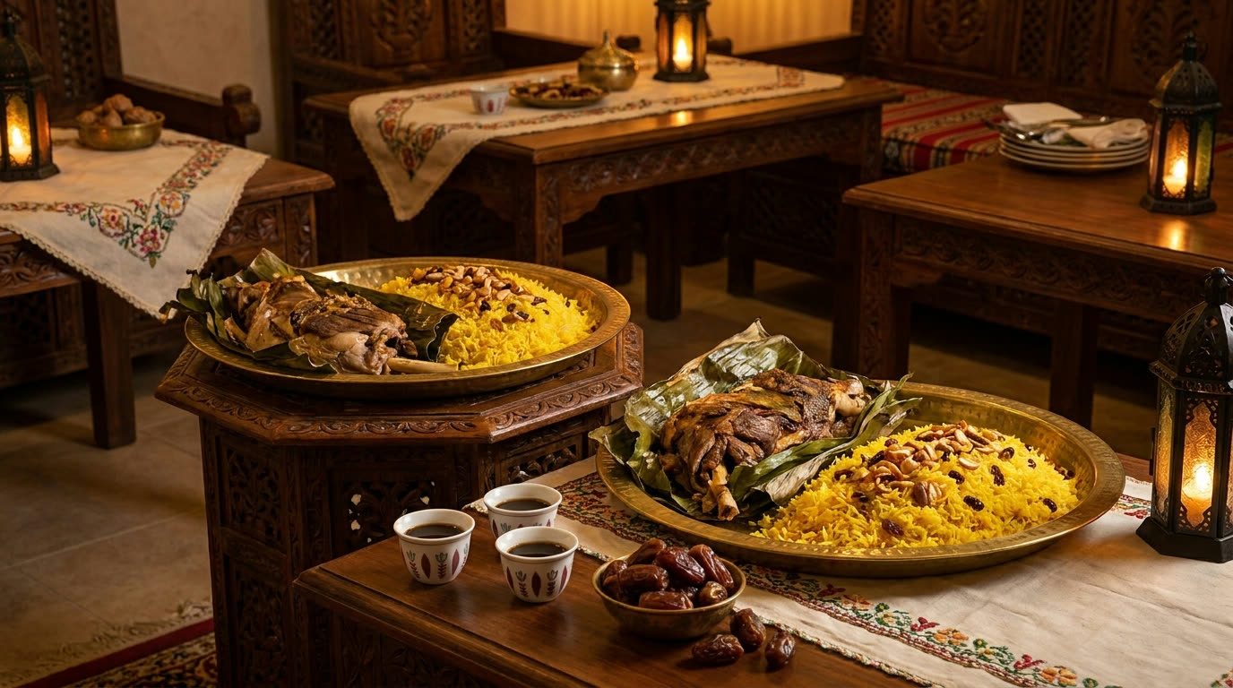 Shuwa lamb with saffron rice on brass platters with dates and cardamom coffee in an Omani interior