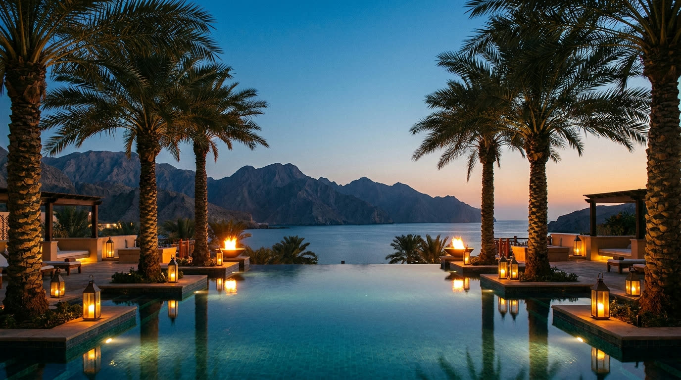 A luxury resort infinity pool at dusk with palms, the Hajar mountains and the Gulf of Oman beyond