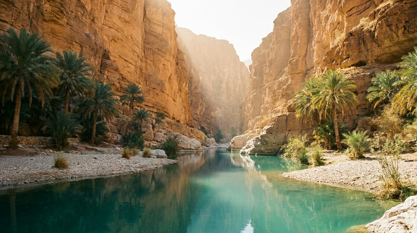 Emerald pools between sheer ochre canyon walls at Wadi Shab, Oman