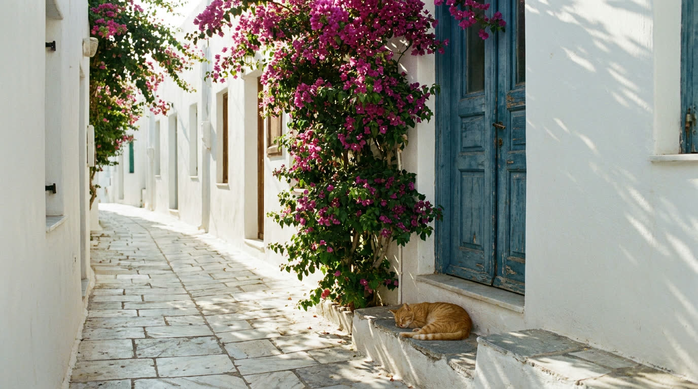 Whitewashed Mykonos Chora lane with bougainvillea and a sleeping cat at siesta hour