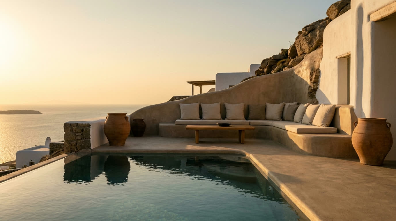 Minimalist Cycladic suite terrace with private pool overlooking the Aegean at sunset in Mykonos