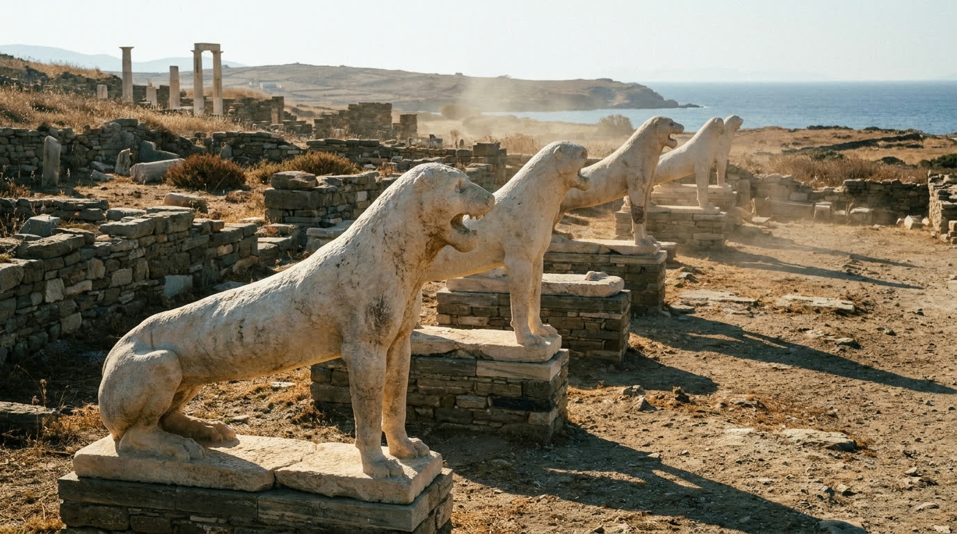 Ancient marble lion statues on the Terrace of the Lions at the Delos archaeological site