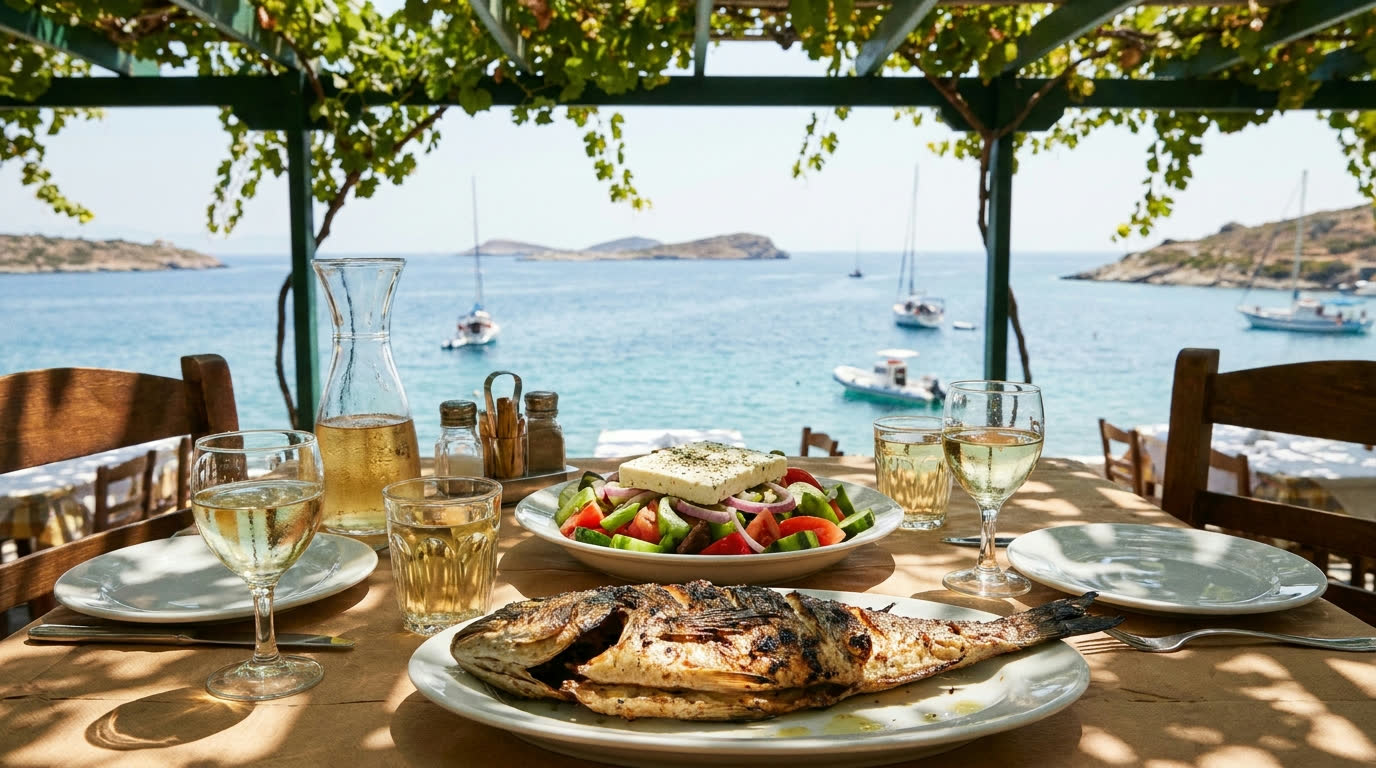 Greek island taverna lunch with grilled fish, horiatiki salad and white wine on a vine-shaded terrace above the sea
