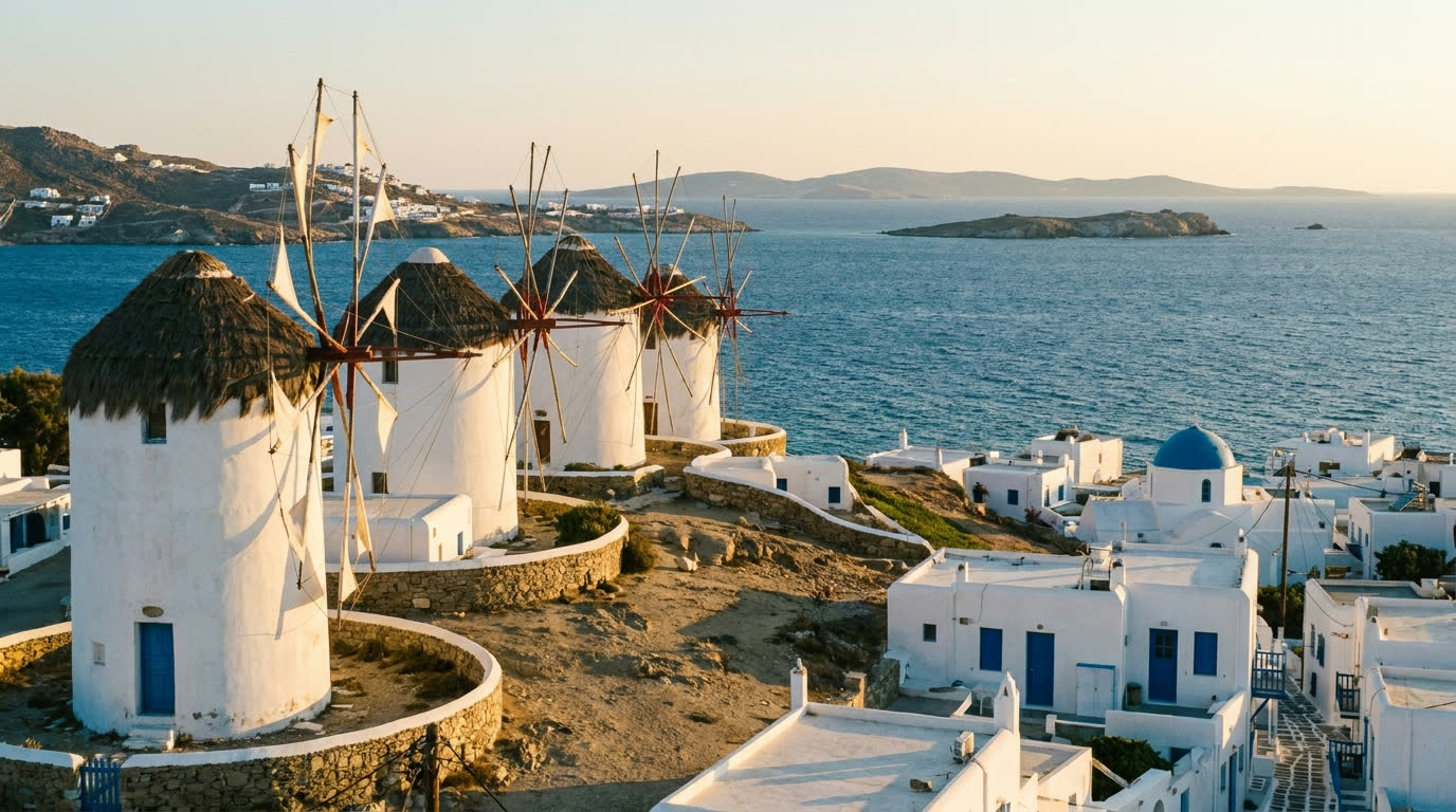 The white windmills of Mykonos above the Chora with the Aegean behind at golden hour
