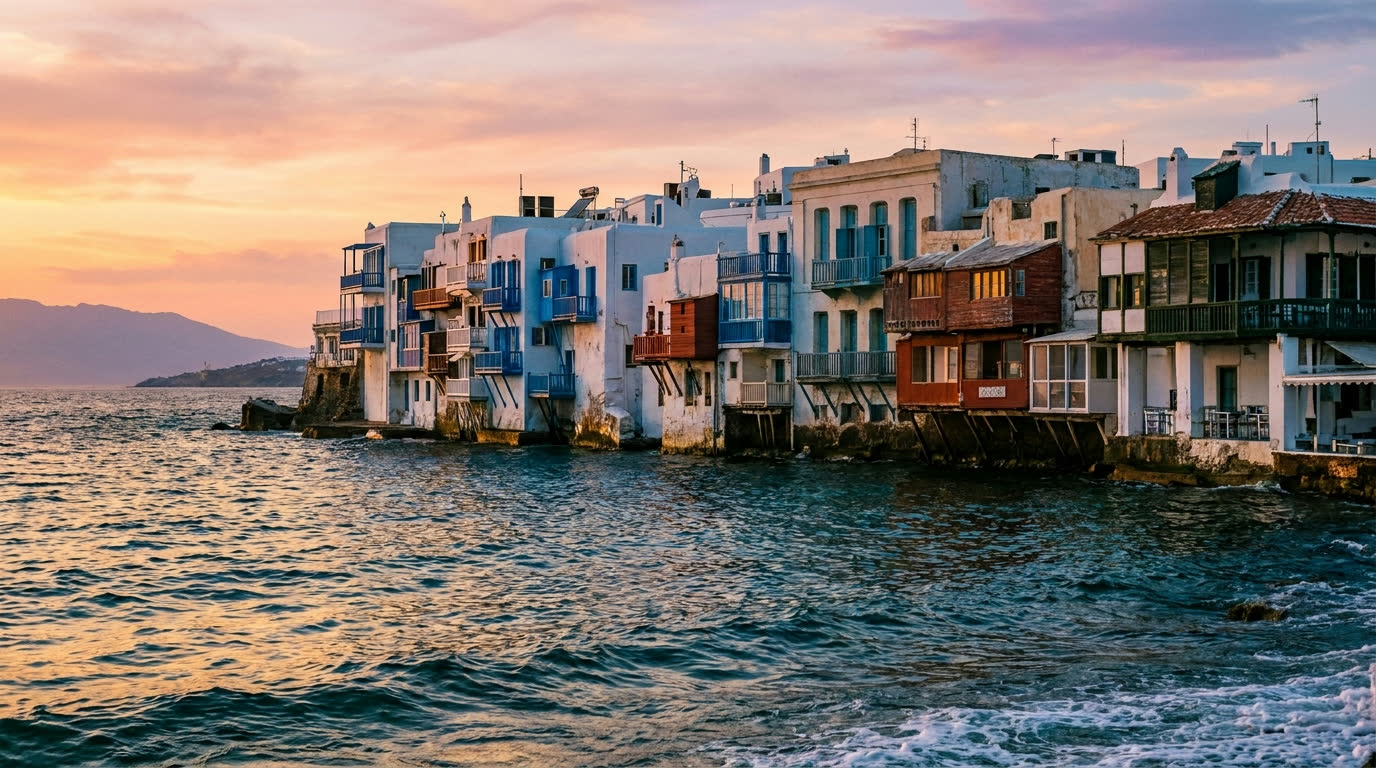Balconied houses of Little Venice hanging over the sea at sunset in Mykonos Town