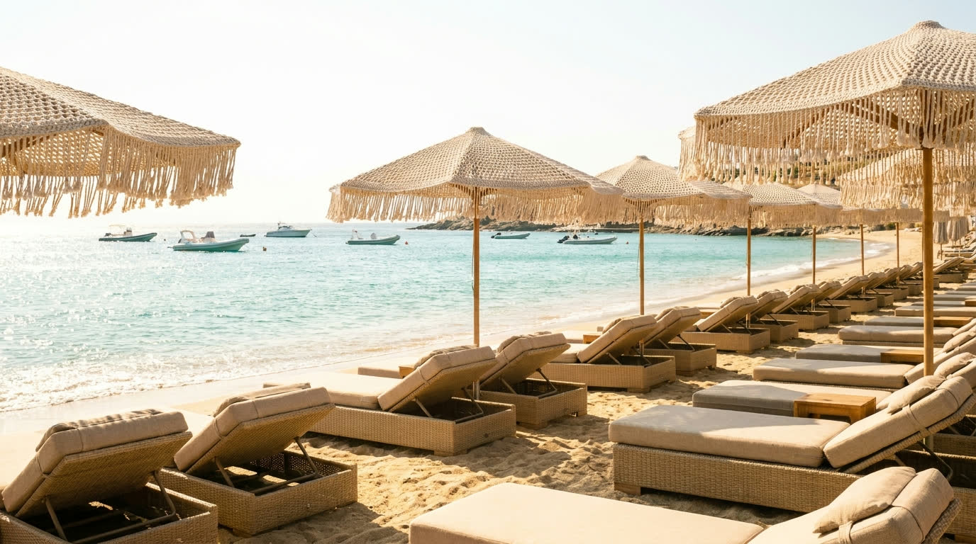 Turquoise water of Psarou beach in Mykonos with yacht tenders and elegant sunbed rows