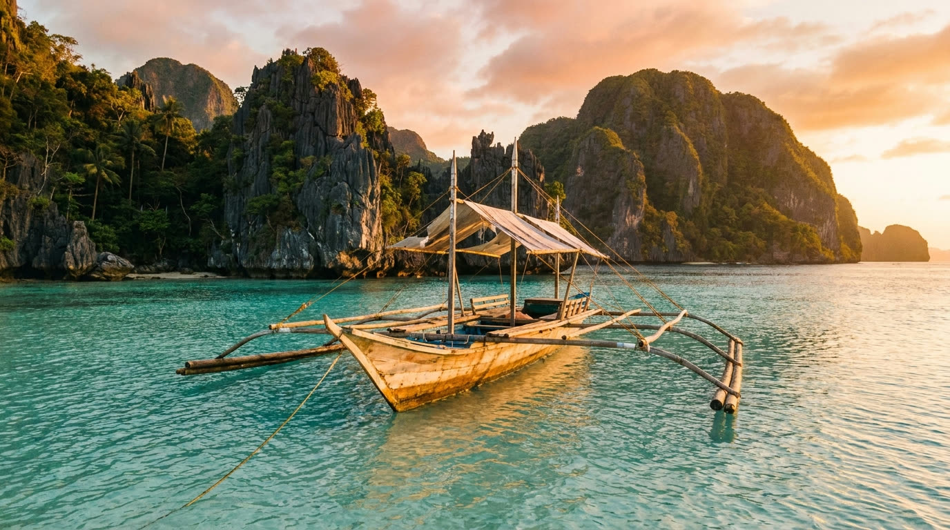 Outrigger banca anchored at a sandbar lagoon at golden hour, Palawan