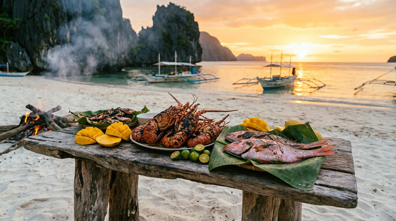 Grilled seafood beach barbecue on driftwood table at sunset, Palawan