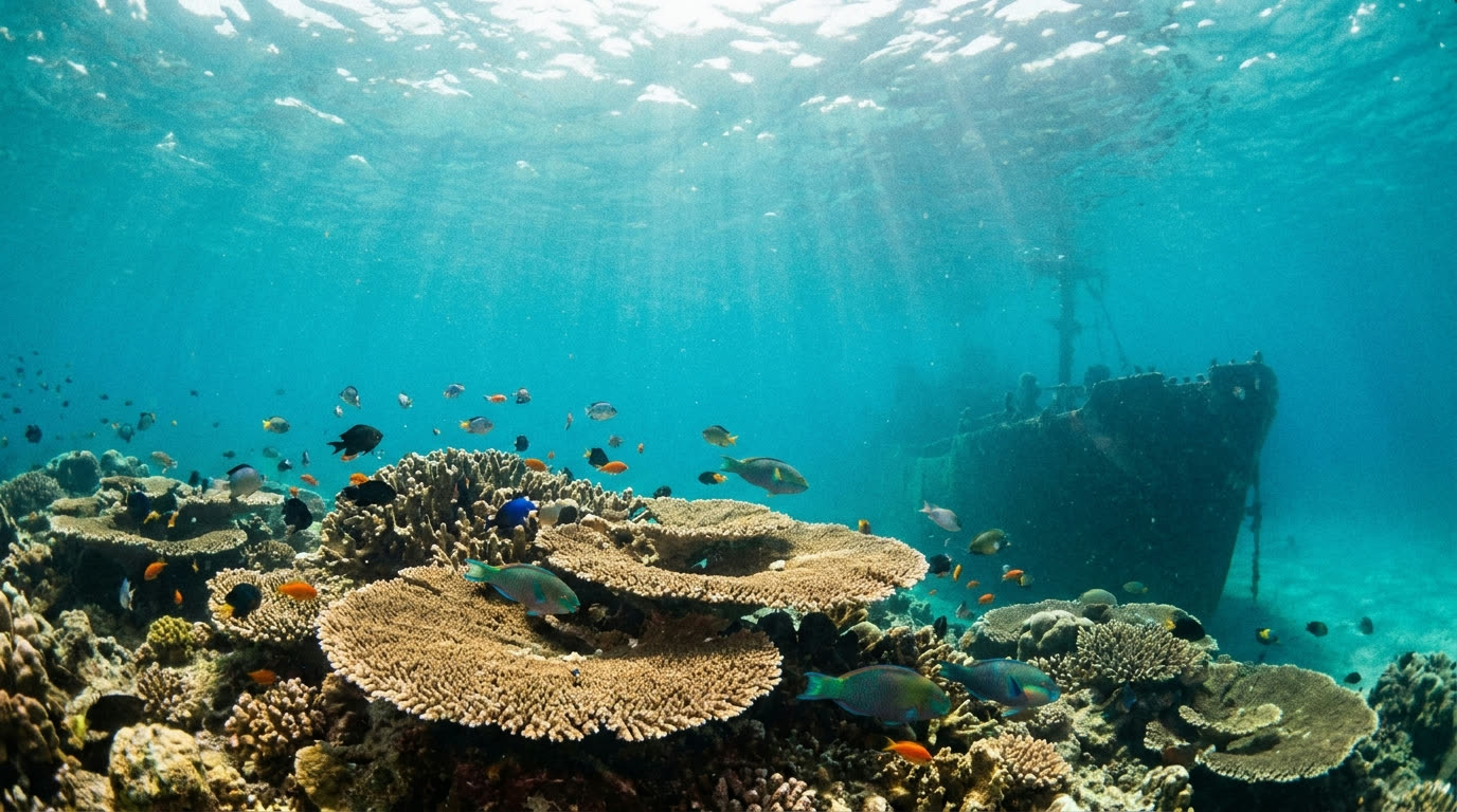 Coral reef and wreck silhouette in clear water near Coron, Palawan