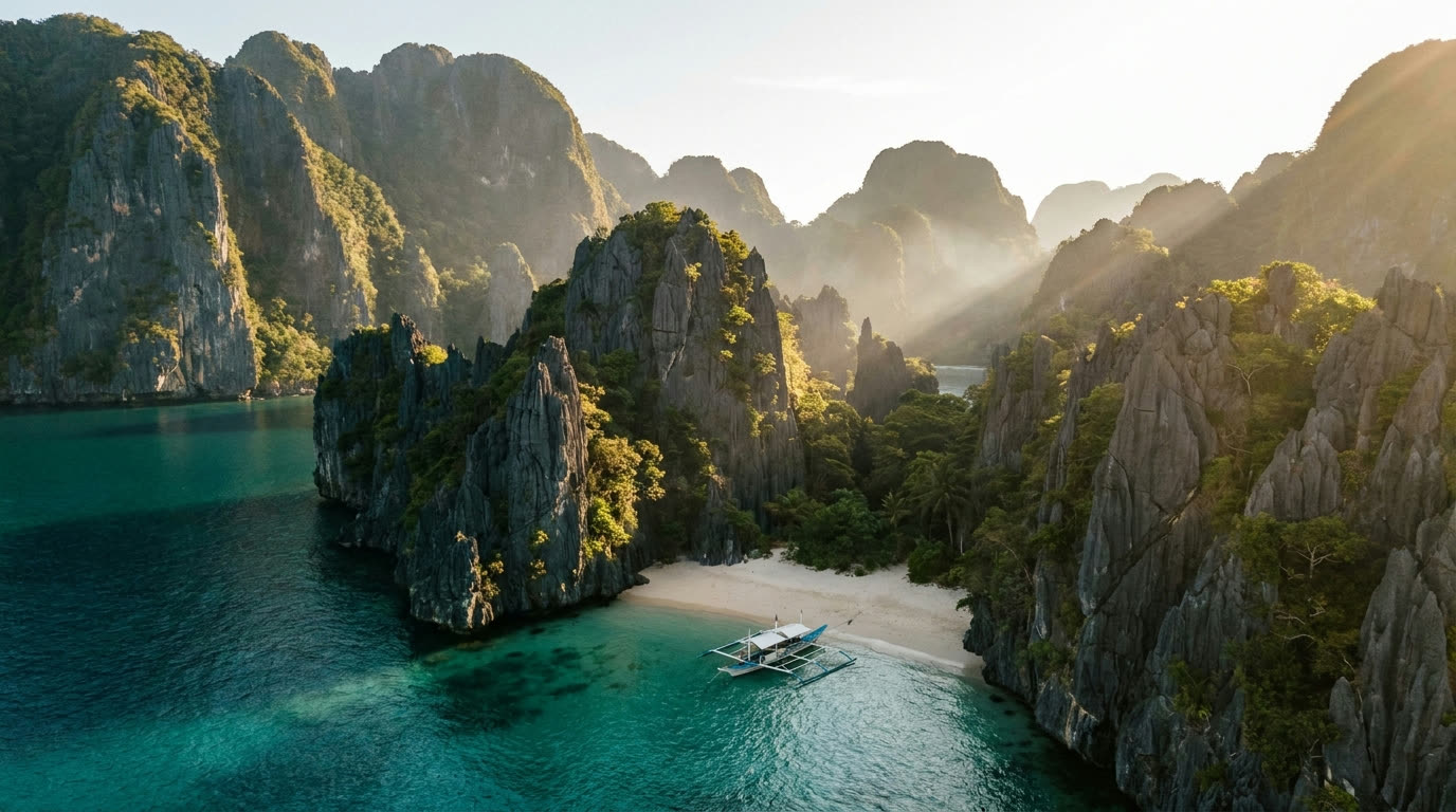 Limestone karst cliffs and turquoise lagoon in the Bacuit archipelago, El Nido, Palawan