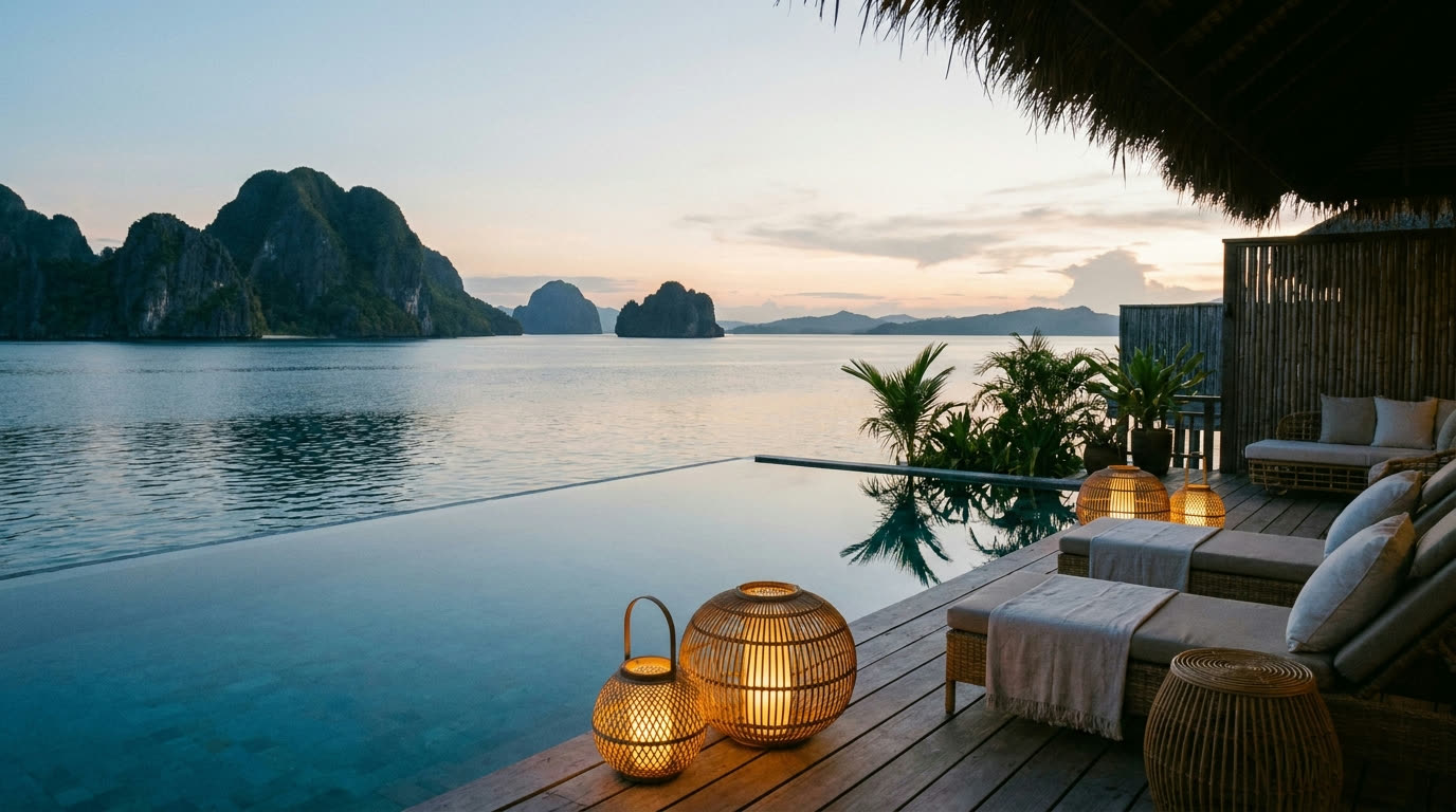 Overwater villa deck with plunge pool at dusk facing karst islets, Palawan
