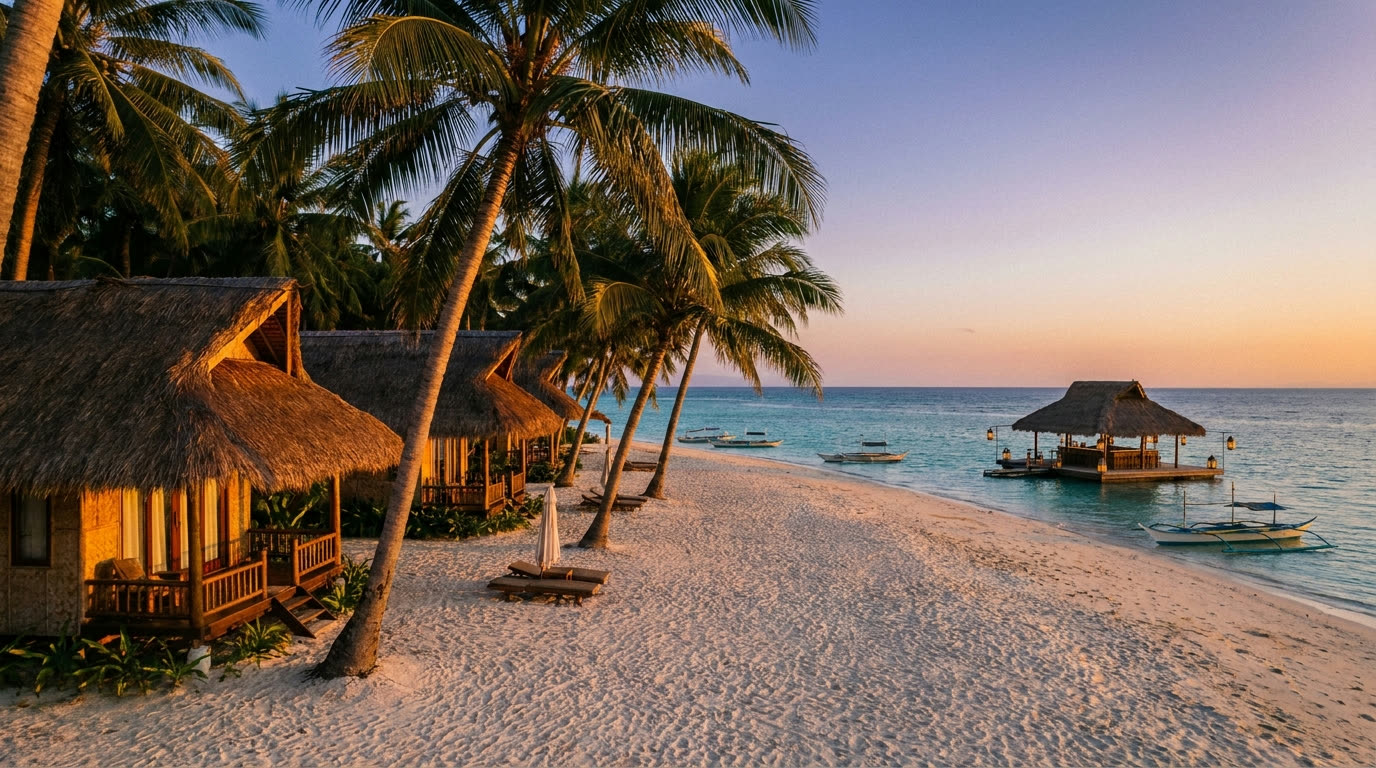 Private island resort beach with villas and floating bar at dusk, Palawan
