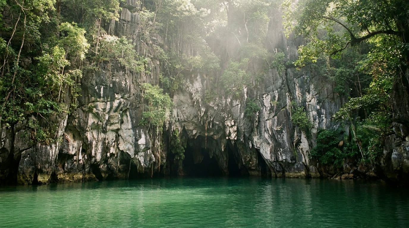 Underground river cave mouth framed by jungle cliffs, Puerto Princesa, Palawan