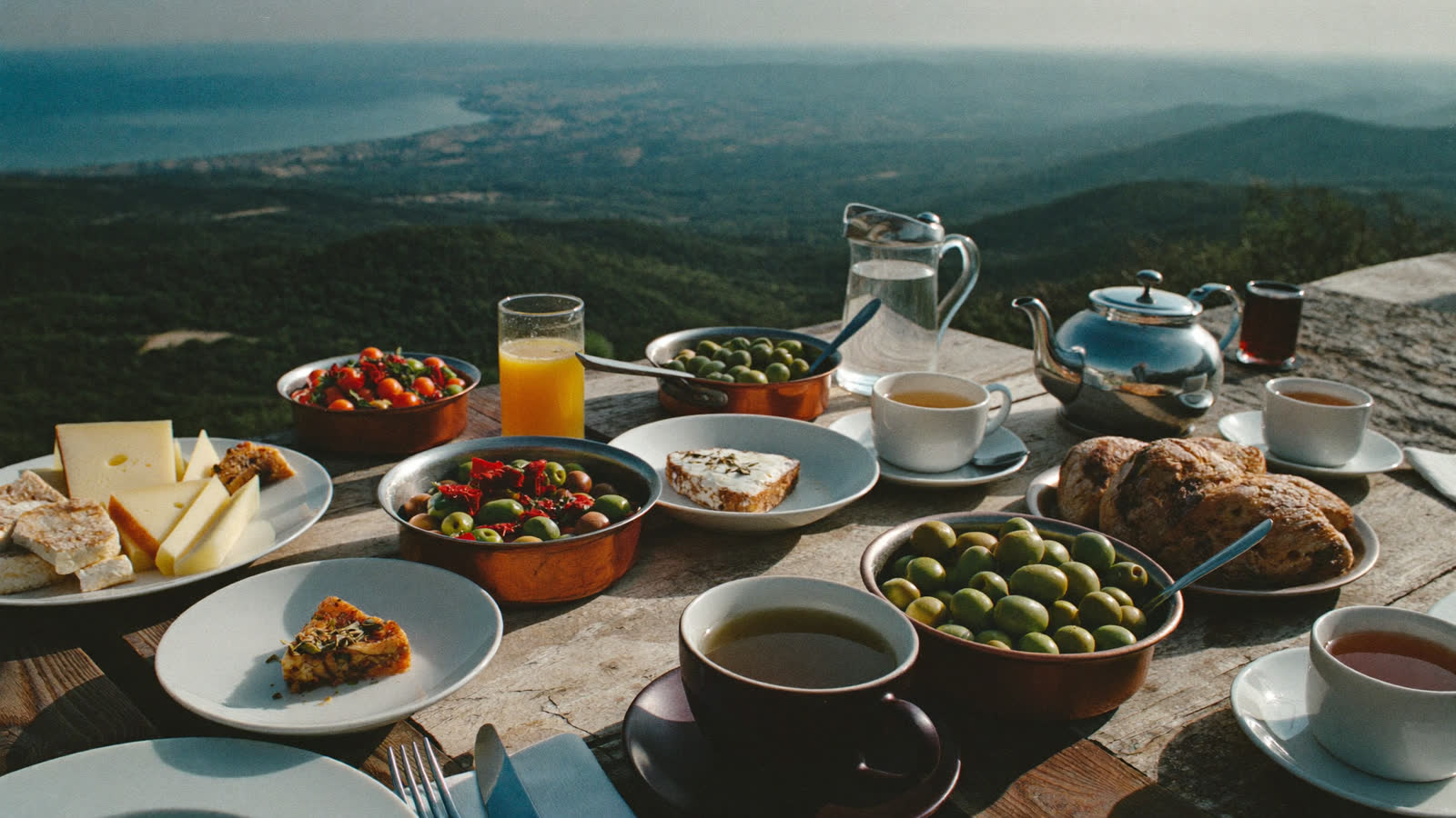 Turkish Aegean breakfast spread with cheeses, olives and honeycomb, Pamukkale region