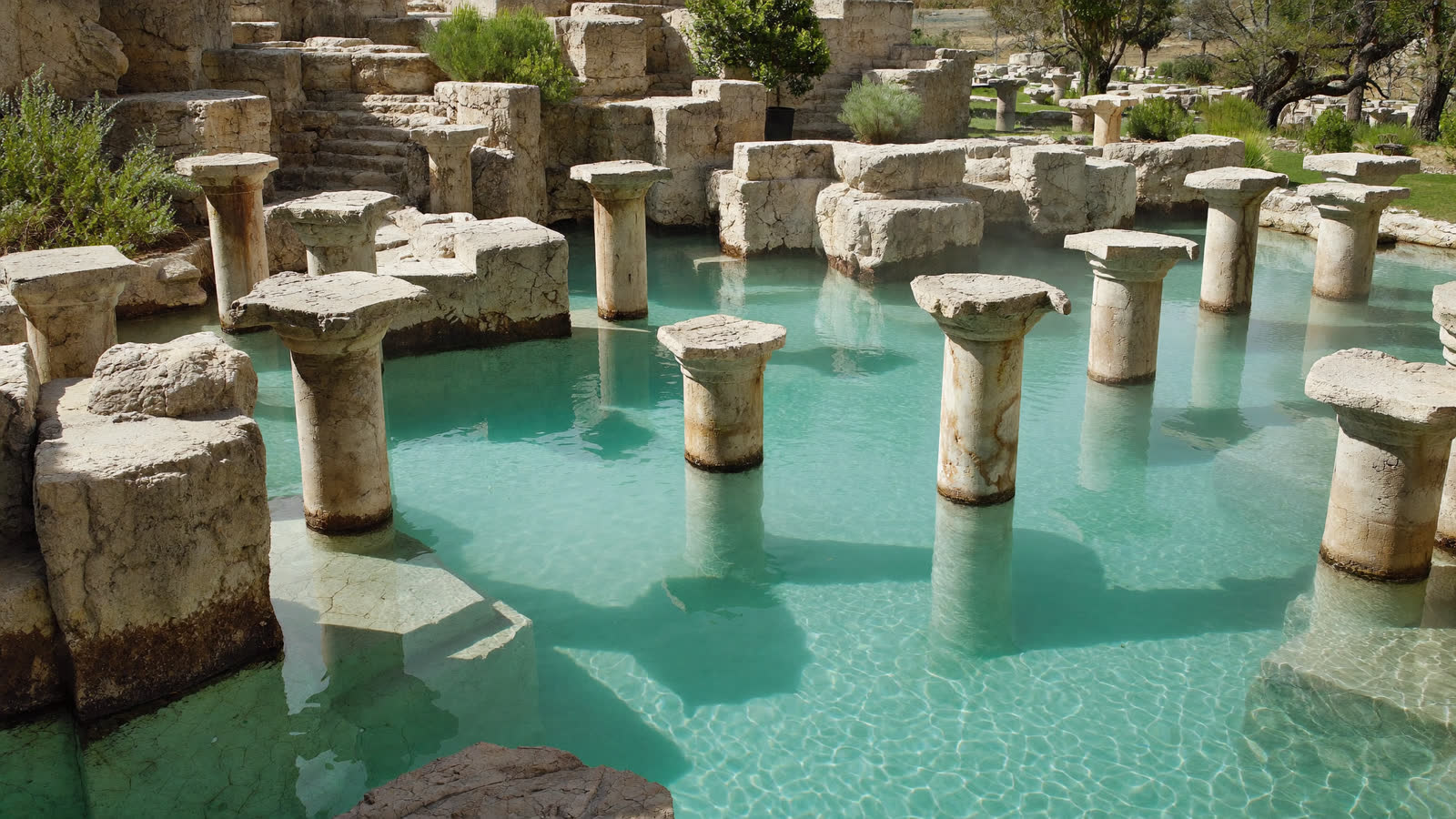 Submerged ancient marble columns in the thermal Antique Pool, Pamukkale