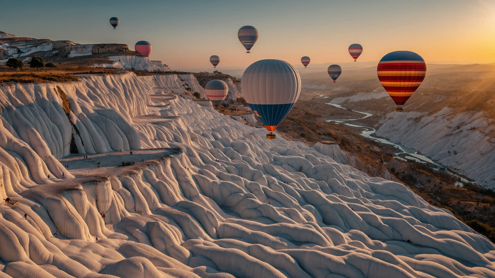 Hot air balloons at sunrise over the travertine terraces, Pamukkale