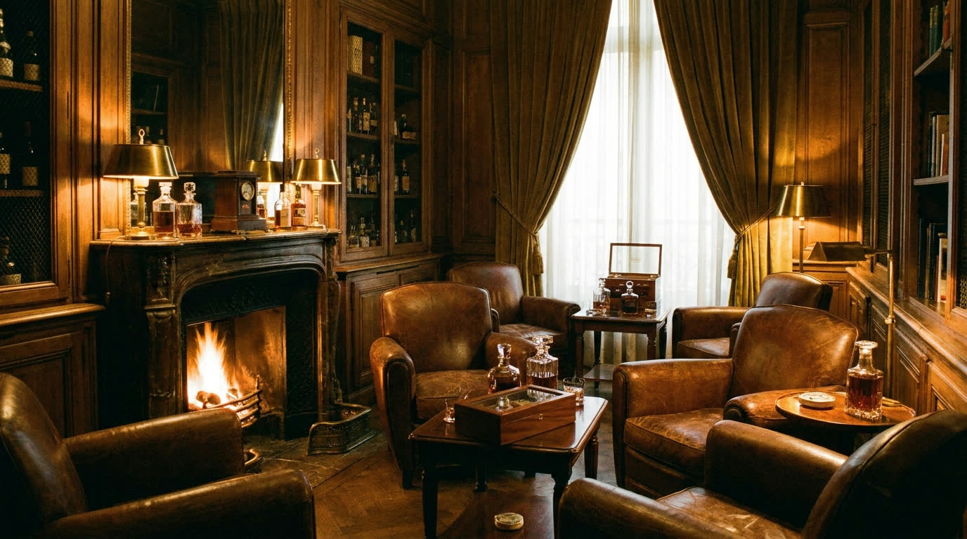 Wood-panelled Parisian cigar and cognac salon with leather club chairs and fireplace