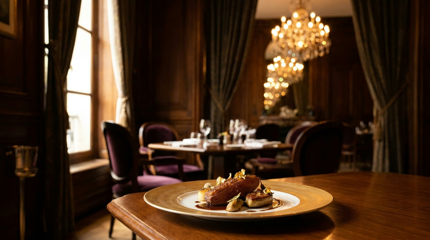French haute cuisine course on gold-rimmed porcelain in an opulent Parisian dining room