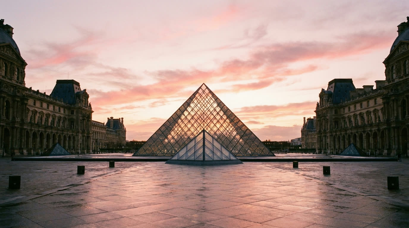 Empty Louvre pyramid courtyard at dawn under a pink sky