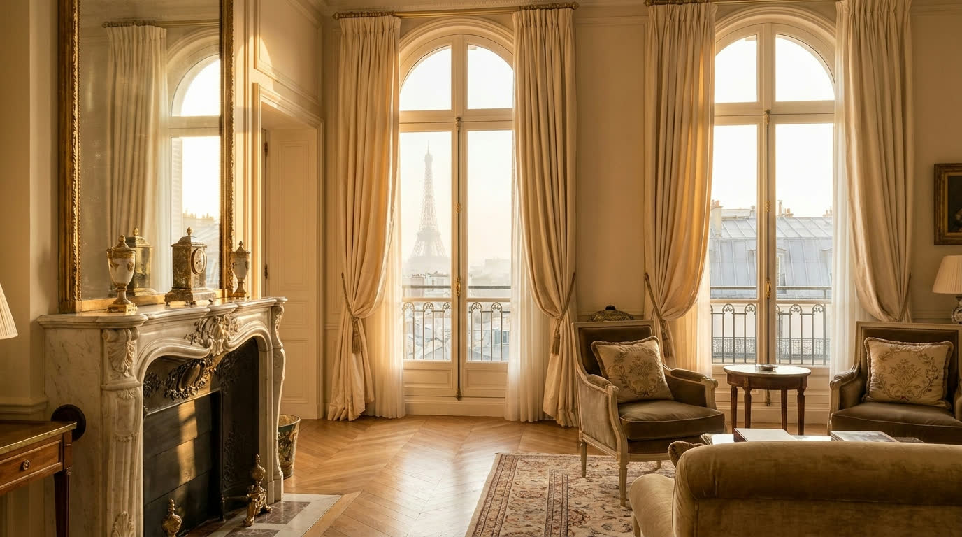Palace hotel suite with tall windows framing the Eiffel Tower