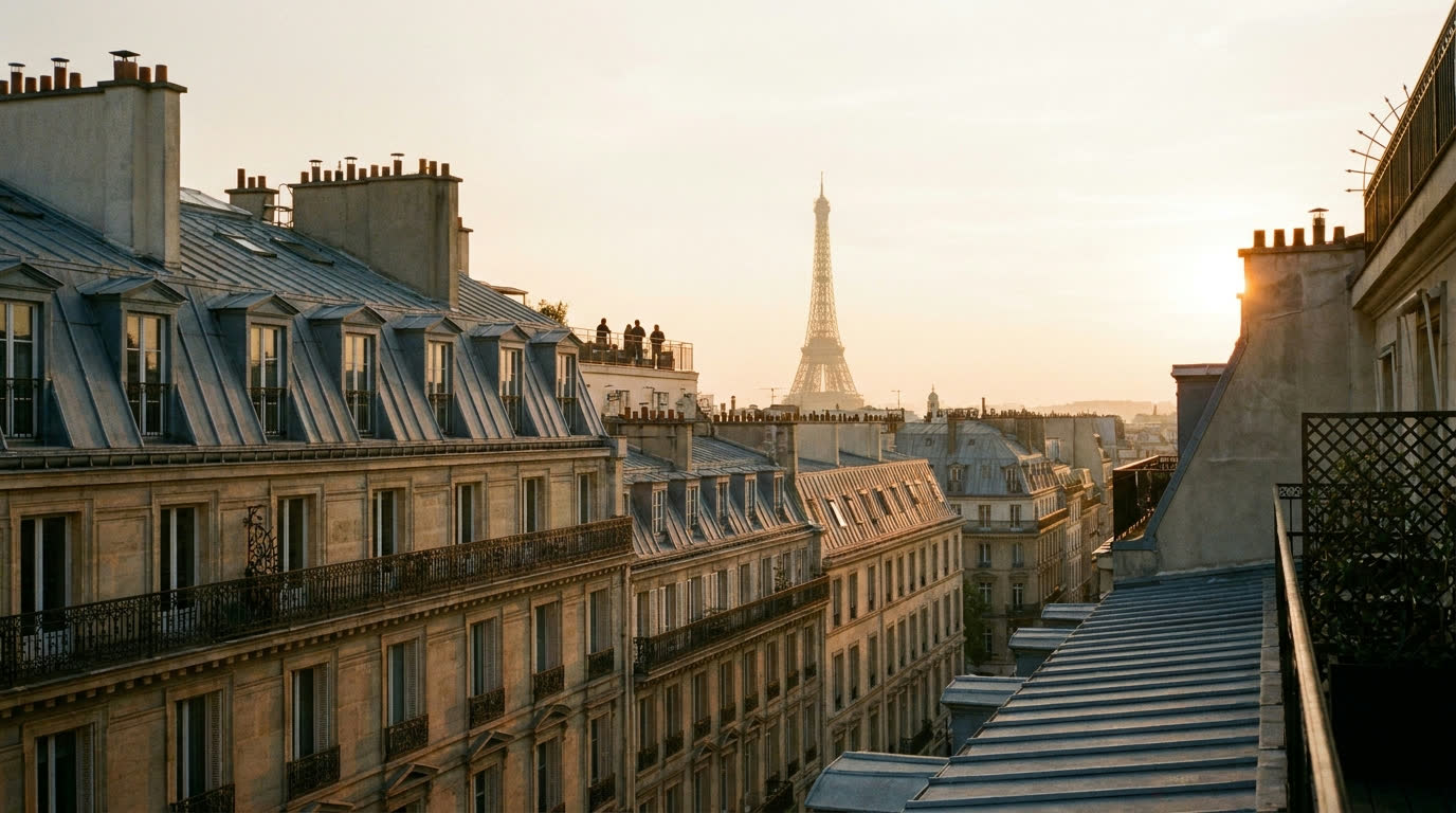 Paris rooftops at golden hour with the Eiffel Tower above Haussmann buildings