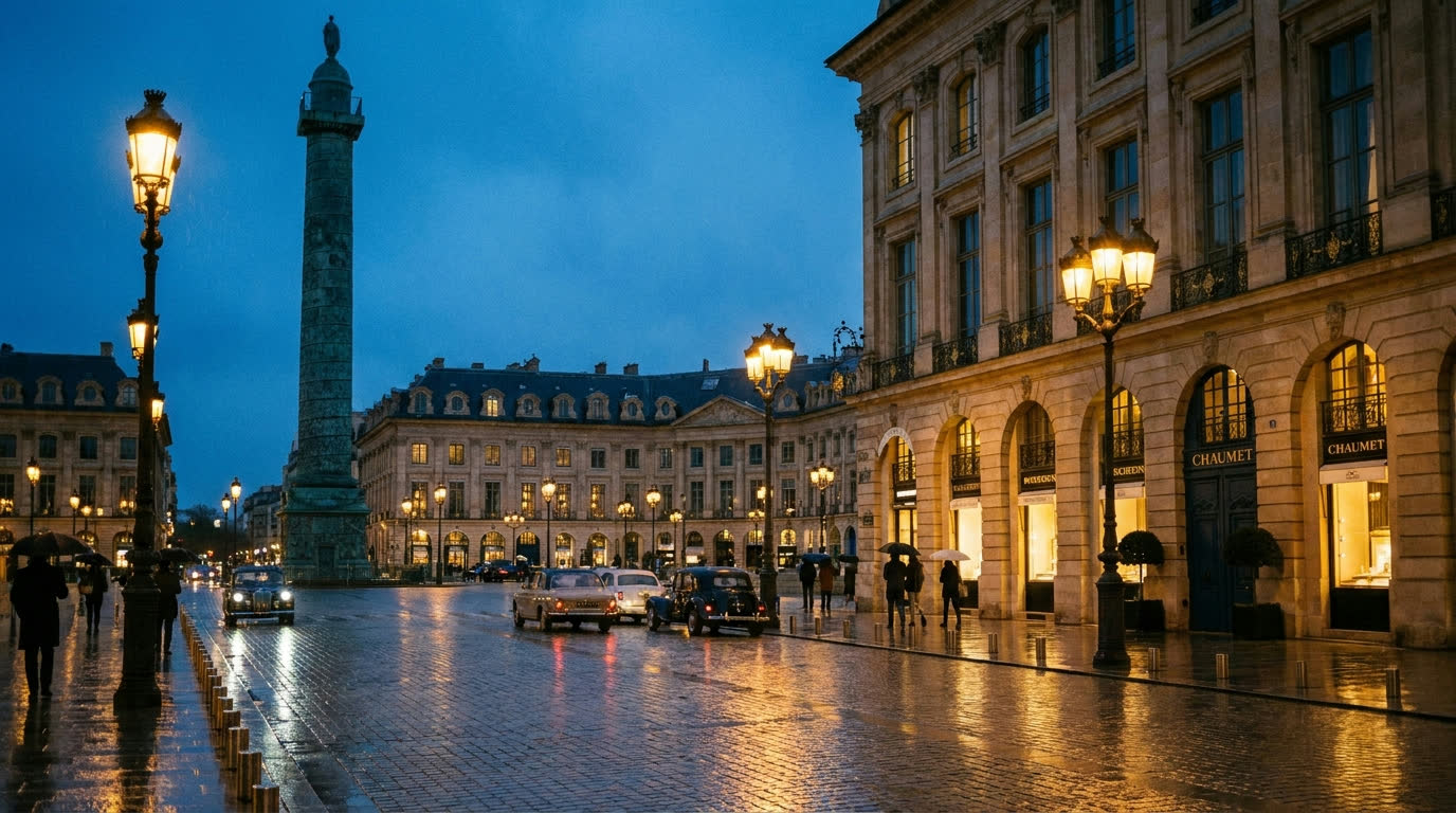 Place Vendôme at dusk with wet cobblestones reflecting the lamplight