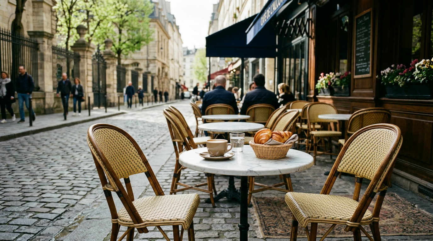 Rattan café chairs and marble tables on a Saint-Germain terrace with coffee and croissants