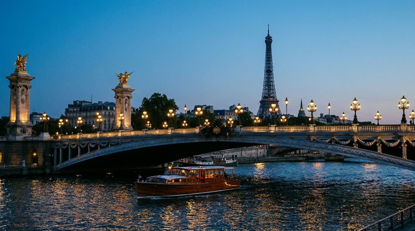 The Seine at blue hour with the gilded lamps of Pont Alexandre III and a wooden riverboat